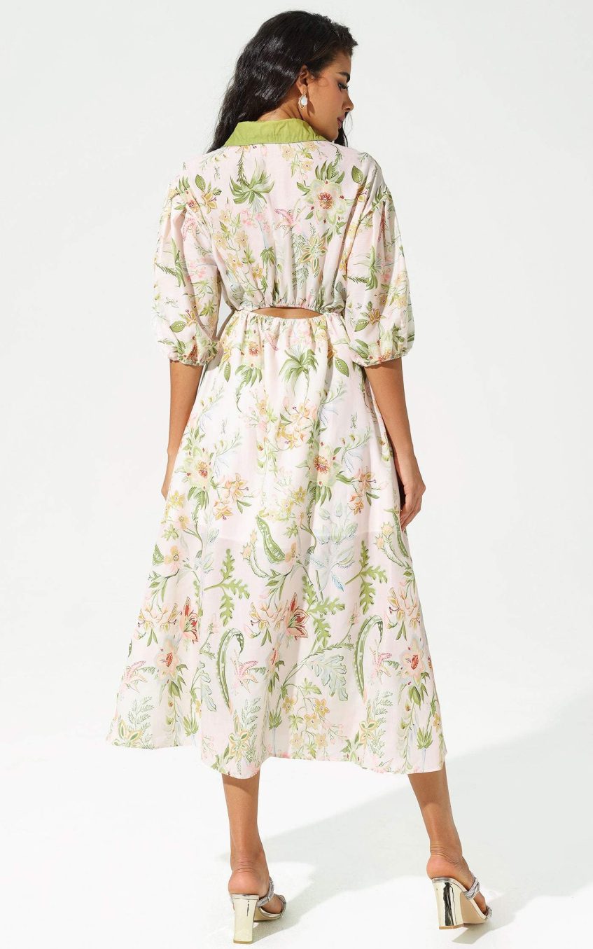 Floral Mid Sleeve Lapel Lace Up Midi Dress