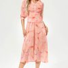 Printed Lantern Sleeve V-Neck Pleated Midi Dress