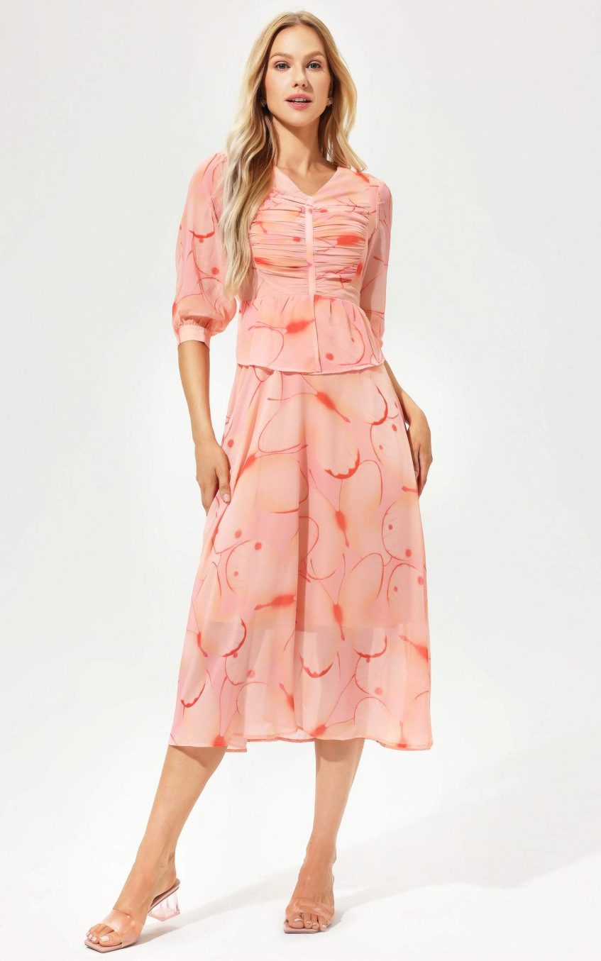 Printed Lantern Sleeve V-Neck Pleated Midi Dress