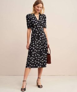 Silk Short Sleeve V-Neck Print Midi Dress