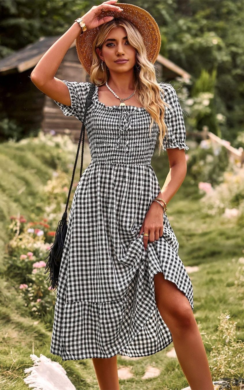 Plaid One-shoulder Midi Dress