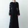 Horn Sleeve Irregular Collar Hollow Midi Dress Black