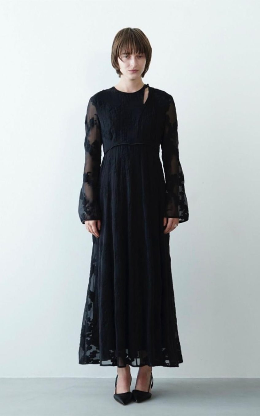 Horn Sleeve Irregular Collar Hollow Midi Dress Black