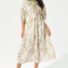 Floral Mid Sleeve Lapel Lace Up Midi Dress