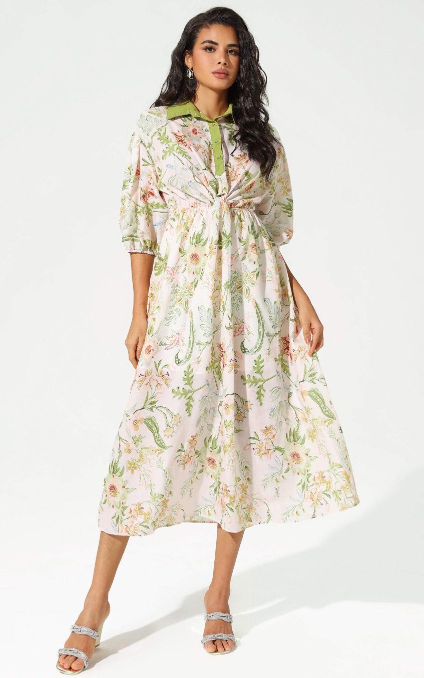 Floral Mid Sleeve Lapel Lace Up Midi Dress
