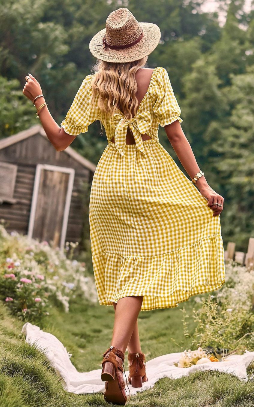 Plaid One-shoulder Midi Dress