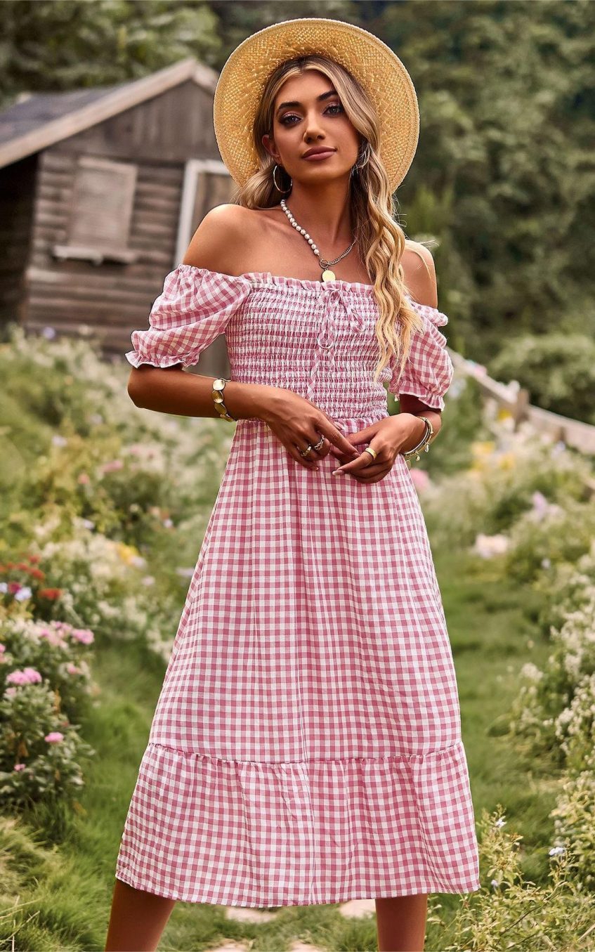 Plaid One-shoulder Midi Dress