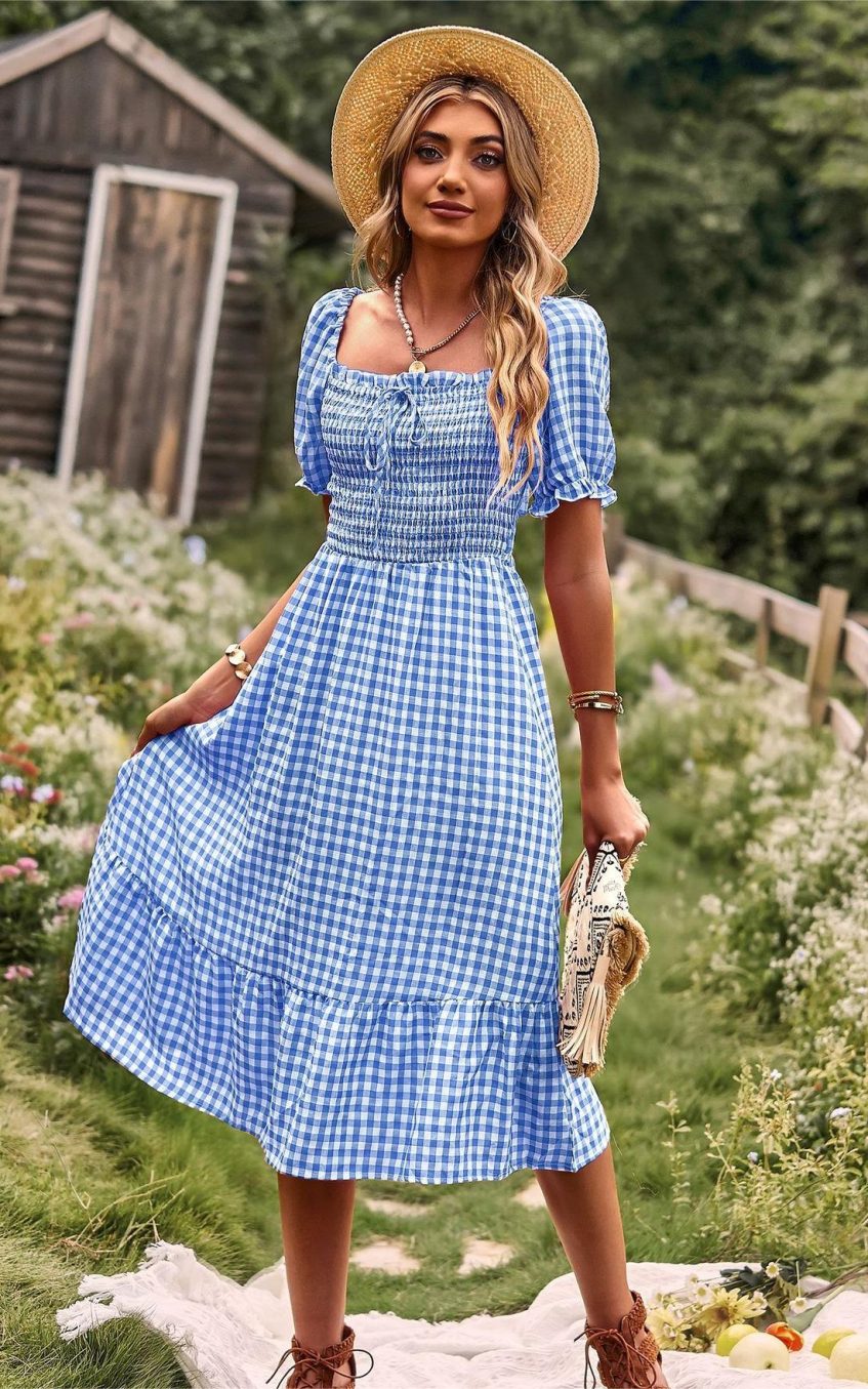 Plaid One-shoulder Midi Dress