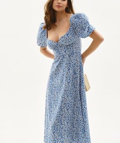 Floral Puff Sleeve Slit Midi Dress