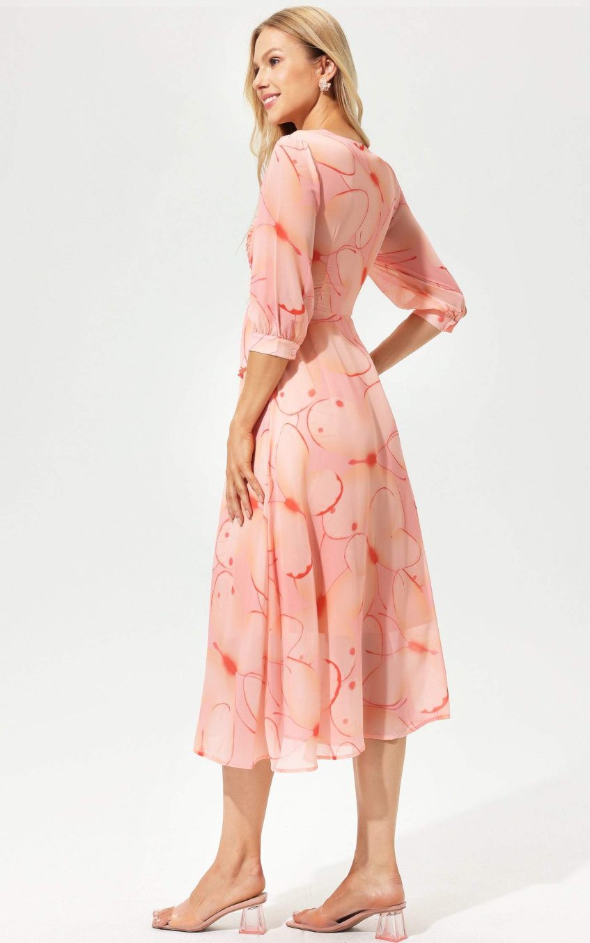 Printed Lantern Sleeve V-Neck Pleated Midi Dress