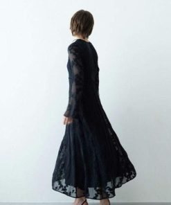 Horn Sleeve Irregular Collar Hollow Midi Dress Black