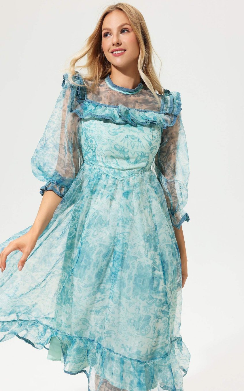 Printed Round Collar Lantern Sleeve Ruffled Midi Dress