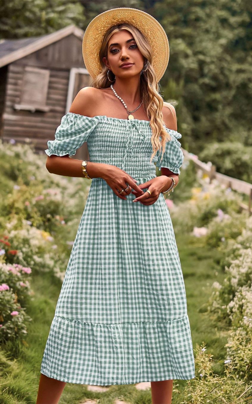 Plaid One-shoulder Midi Dress