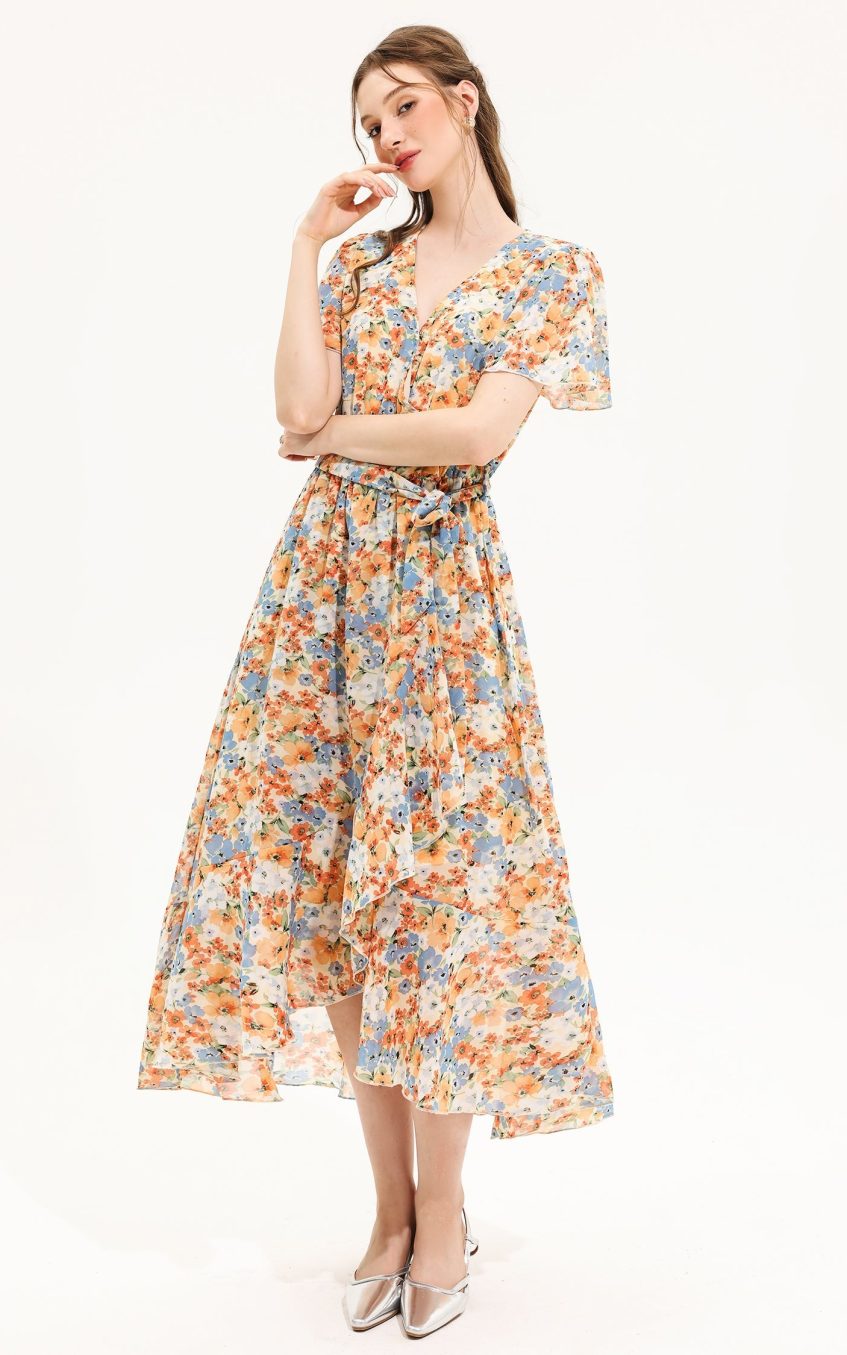Floral V-Neck Short Sleeve Midi Dress Yellow