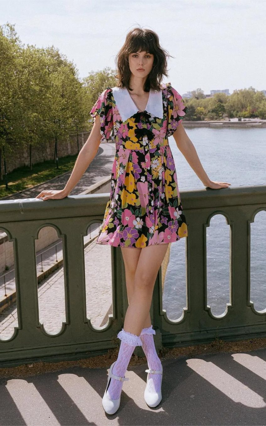 Short Sleeve V-neck Print Mini Dress Blcak